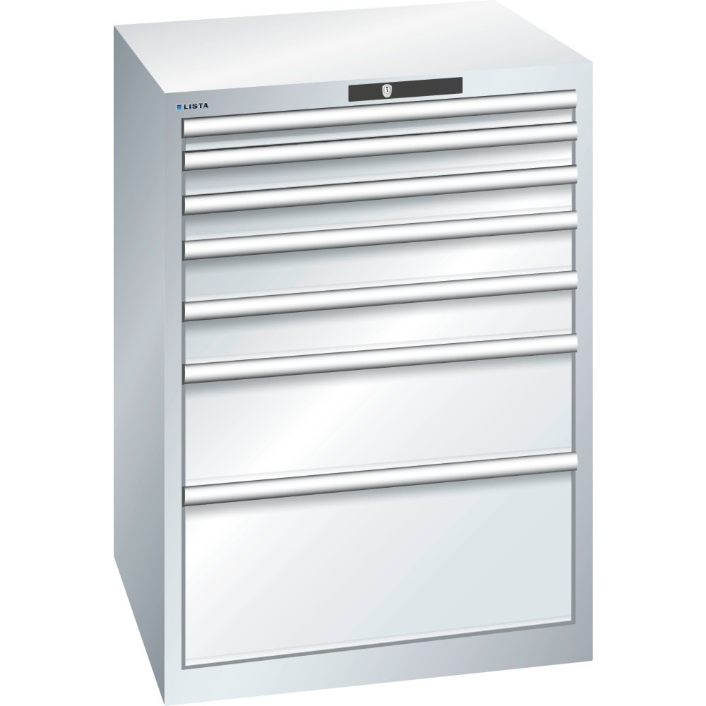 Product afbeelding: Ladekast LISTA 36x36E, (bxdxh) 717x725x1000 mm, 7 lades, fronthoogten 50-300 mm, lichtgrijs, KEY Lock