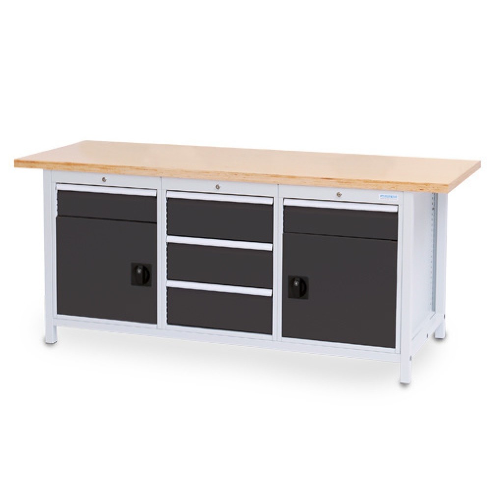 Zdjęcie produktu: Ława warsztatowa Bedrunka+Hirth R 18-24, wys. x szer. x gł. 859 x 2000 x 750 mm, kolor jasnoszary, kolor antracytowoszary, 5 x szuflada 2 x 150 + 3 x 200 mm, 2 x drzwi skrzydłowe 2 x 450 mm