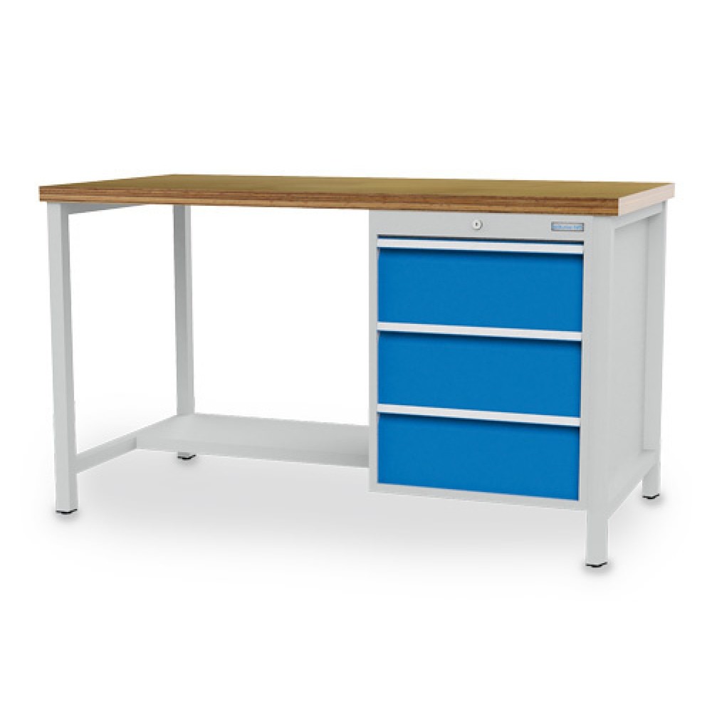 Zdjęcie produktu: Stół warsztatowy Bedrunka+Hirth R 18-24, wys. x szer. x gł. 859 x 1500 x 750 mm, kolor jasnoszary, kolor jasnoniebieski, 3 x szuflada 3 x 200 mm