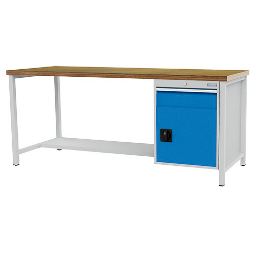 Zdjęcie produktu: Ława warsztatowa Bedrunka+Hirth R 18-24, wys. x szer. x gł. 959 x 2000 x 750 mm, kolor jasnoszary, kolor jasnoniebieski, 1 x szuflada 1 x 150 mm, 1 drzwi skrzydłowe 1 x 450 mm