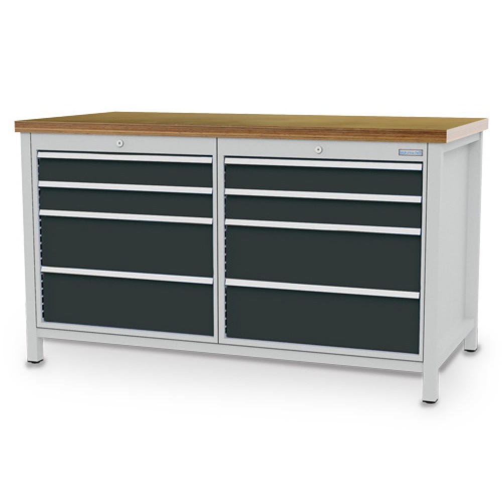 Zdjęcie produktu: Ława warsztatowa Bedrunka+Hirth R 24-24, wys. x szer. x gł. 859 x 1500 x 750 mm, kolor jasnoszary, kolor antracytowoszary, 8 x szuflada 4 x 100 + 4 x 200 mm