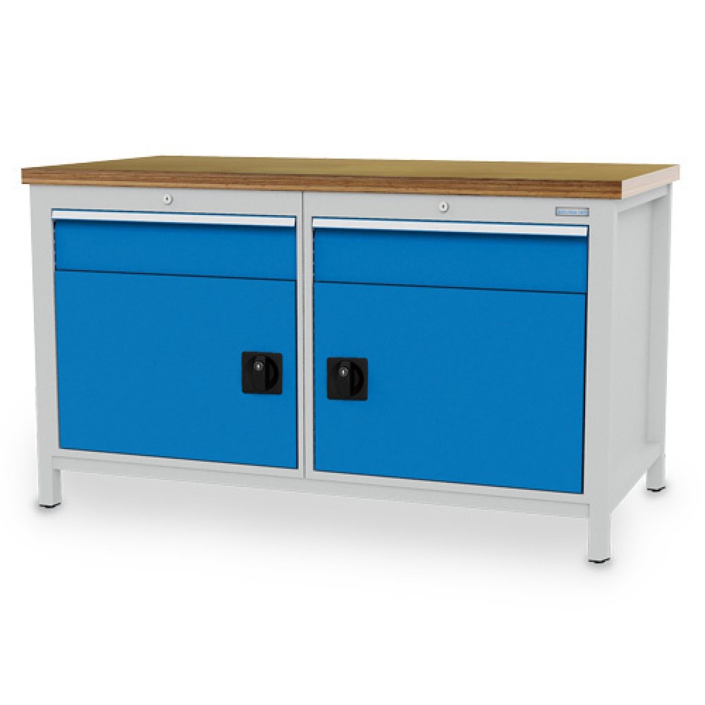 Zdjęcie produktu: Ława warsztatowa Bedrunka+Hirth R 24-24, wys. x szer. x gł. 859 x 1500 x 750 mm, kolor jasnoszary, kolor jasnoniebieski, 2 x szuflada 2 x 150 mm, 2 x drzwi skrzydłowe 2 x 450 mm