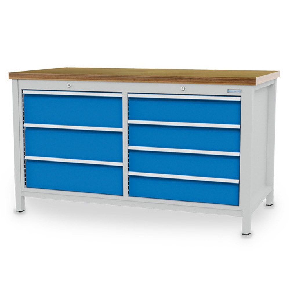 Zdjęcie produktu: Ława warsztatowa Bedrunka+Hirth R 24-24, wys. x szer. x gł. 859 x 1500 x 750 mm, kolor jasnoszary, kolor jasnoniebieski, 7 x szuflada 4 x 150 + 3 x 200 mm