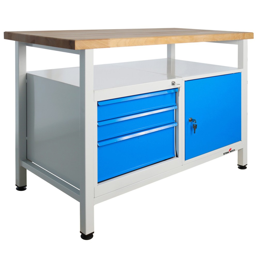 Zdjęcie produktu nr 1: Ława warsztatowa Steinbock® Premium, 1 x półka, 3 x szuflada, 1 x drzwi, udźwig 300 kg, wys. x szer. x gł. 840 x 1200 x 600 mm, RAL 7035/5012