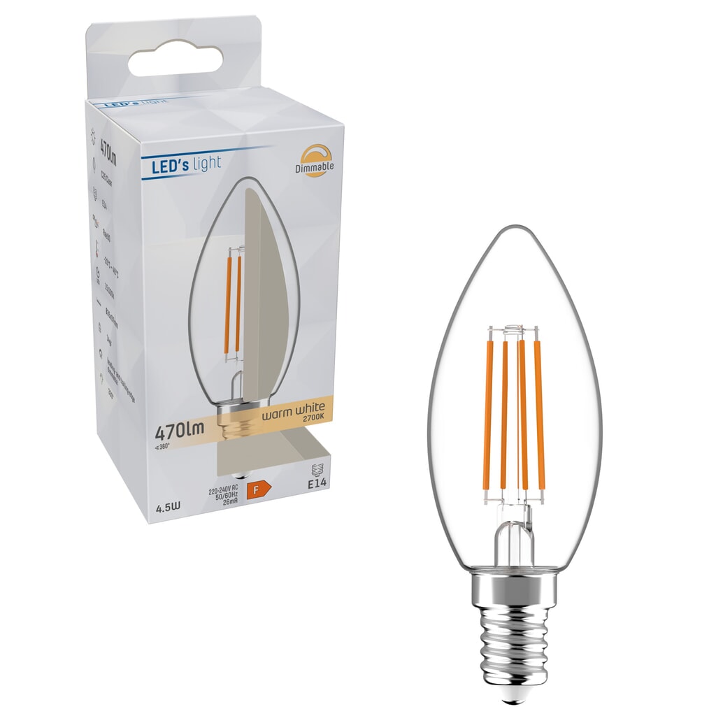 LED Filament Leuchtmittel - Kerze C35 E14 4,5W 470lm 2700K klar 330° dimmbar Produktabbildung Nr. 3: LED Filament Leuchtmittel - Kerze C35 E14 4,5W 470lm 2700K klar 330° dimmbar
