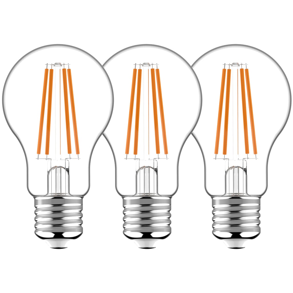 Produktabbildung: LED Filament Leuchtmittel - Klassisch A60 E27 7W 806lm 2700K klar 330° - 3er-Pack
