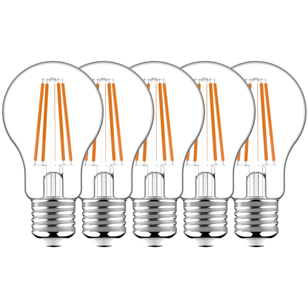 LED Filament Leuchtmittel - Klassisch A60 E27 7W 806lm 2700K klar 330° - 5er-Pack Produktabbildung: LED Filament Leuchtmittel - Klassisch A60 E27 7W 806lm 2700K klar 330° - 5er-Pack