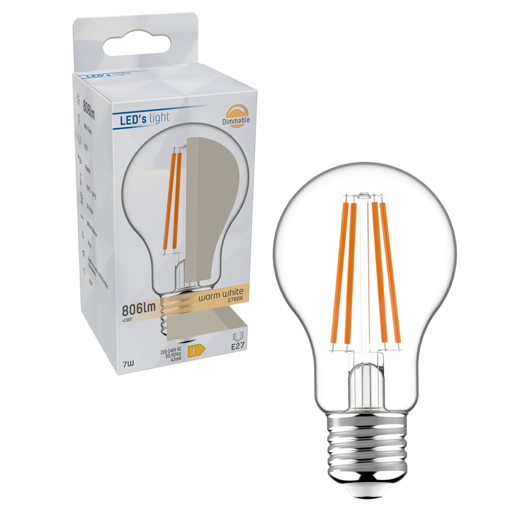 LED Filament Leuchtmittel - Klassisch A60 E27 7W 806lm 2700K klar 330° dimmbar Produktabbildung Nr. 2: LED Filament Leuchtmittel - Klassisch A60 E27 7W 806lm 2700K klar 330° dimmbar