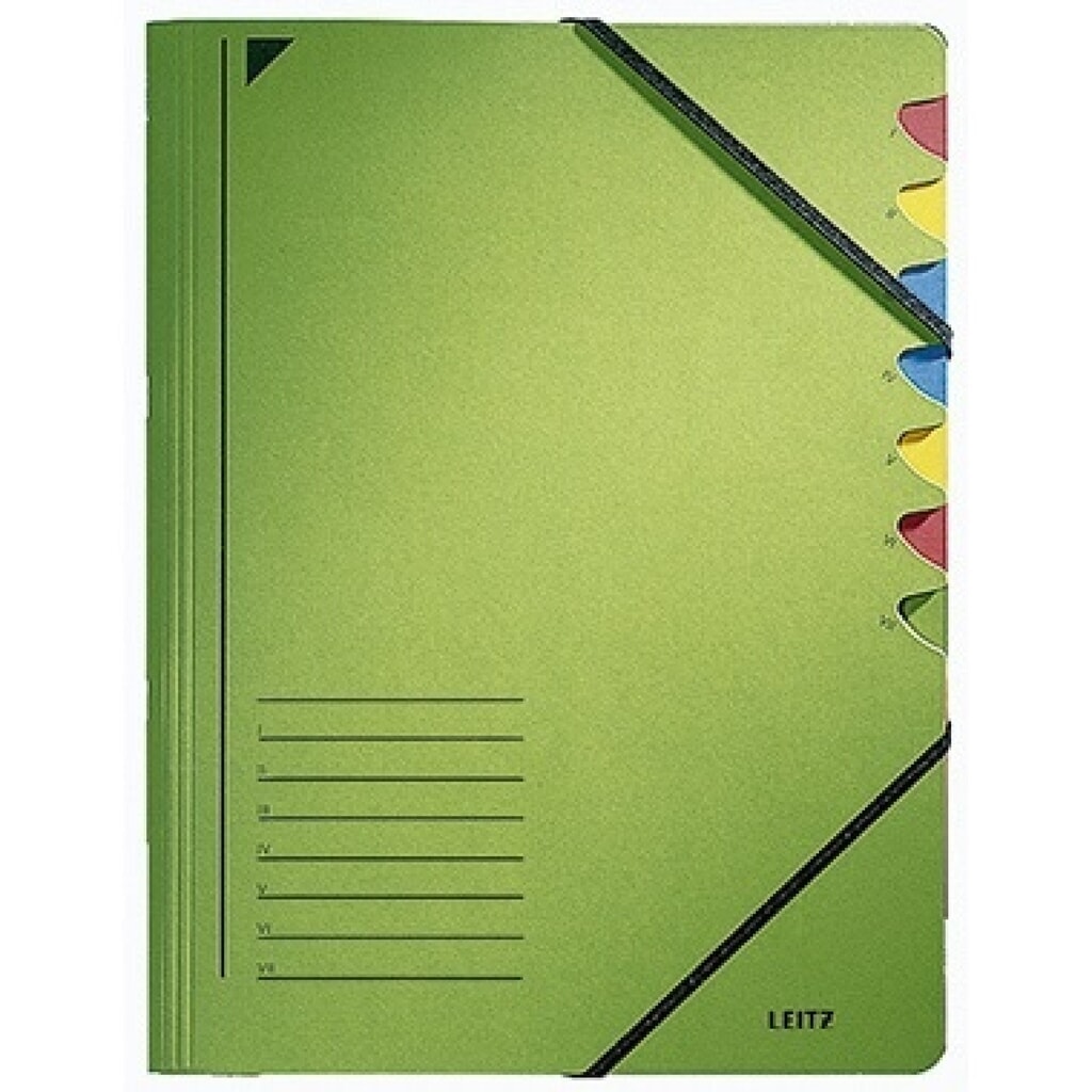 Leitz Ordnungsmappe 39070055 DIN A4 7Fächer farbig Karton grün Produktabbildung: Leitz Ordnungsmappe 39070055 DIN A4 7Fächer farbig Karton grün
