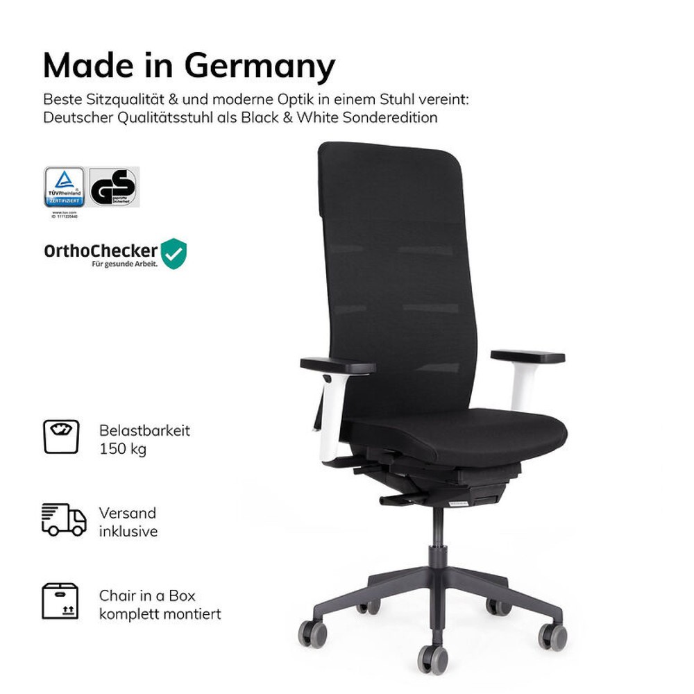 Produktabbildung Nr. 5: lento agilis matrix MT13 Bürostuhl, 100% Polyester, schwarzer Sitz, weiße Rückenlehne, Kunststoff-Fußkreuz