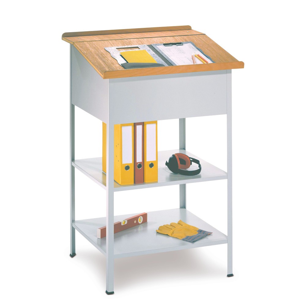 Productafbeelding nr. 1: PAVOY industrie lessenaar met houten plaat, open, 2 planken, lichtgrijs