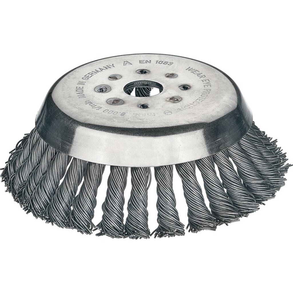 Produktabbildung: LESSMANN Kegelbürste, Durchmesser 155 mm Drahtstärke 0,5 mm, Stahl 12 mm Bohrung 25,4 mm