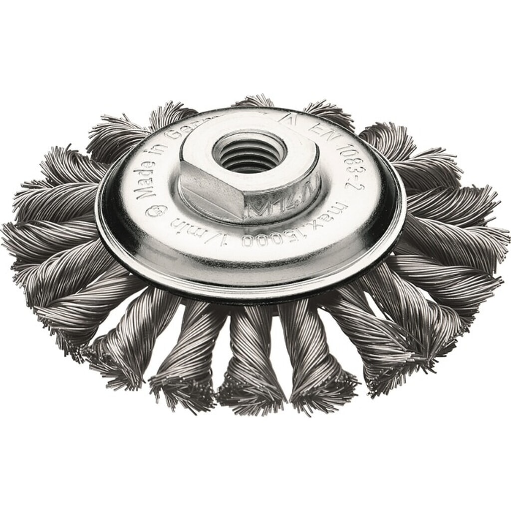 LESSMANN Kegelbürste, Stahl 12 mm, Ø 115 mm M14 Drahtstärke 0,5 mm, 15000 min-¹ Produktabbildung: LESSMANN Kegelbürste, Stahl 12 mm, Ø 115 mm M14 Drahtstärke 0,5 mm, 15000 min-¹