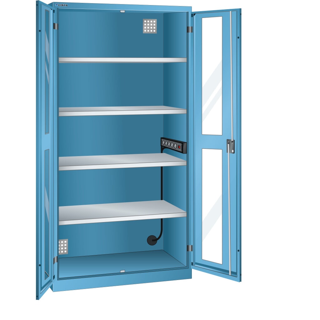 LISTA Akku-Ladeschrank, (BxTxH) 1000x580x1950mm, 1 Energieleiste Seitenwand, Sichtfenster, lichtblau Produktabbildung: LISTA Akku-Ladeschrank, (BxTxH) 1000x580x1950mm, 1 Energieleiste Seitenwand, Sichtfenster, lichtblau