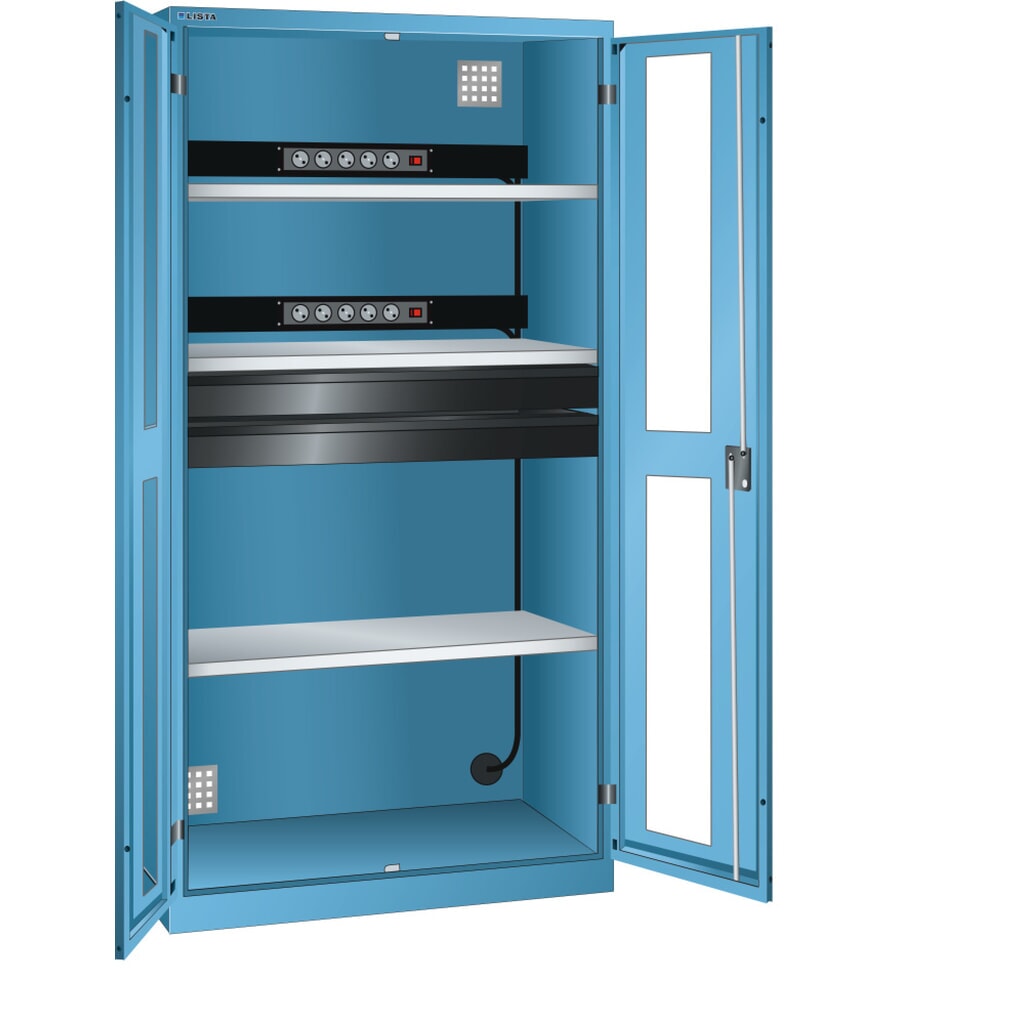 Produktabbildung: LISTA Akku-Ladeschrank, (BxTxH) 1000x580x1950mm, 2 Energieleisten, 2 Schubladen, lichtblau