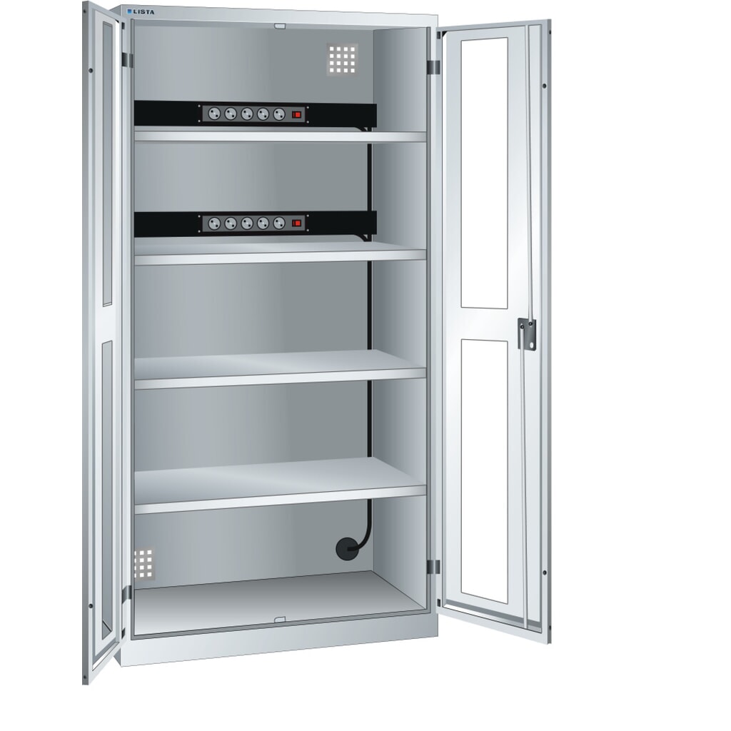 Produktabbildung: LISTA Akku-Ladeschrank, (BxTxH) 1000x580x1950mm, 2 Energieleisten Rückwand, Sichtfenster, lichtgrau