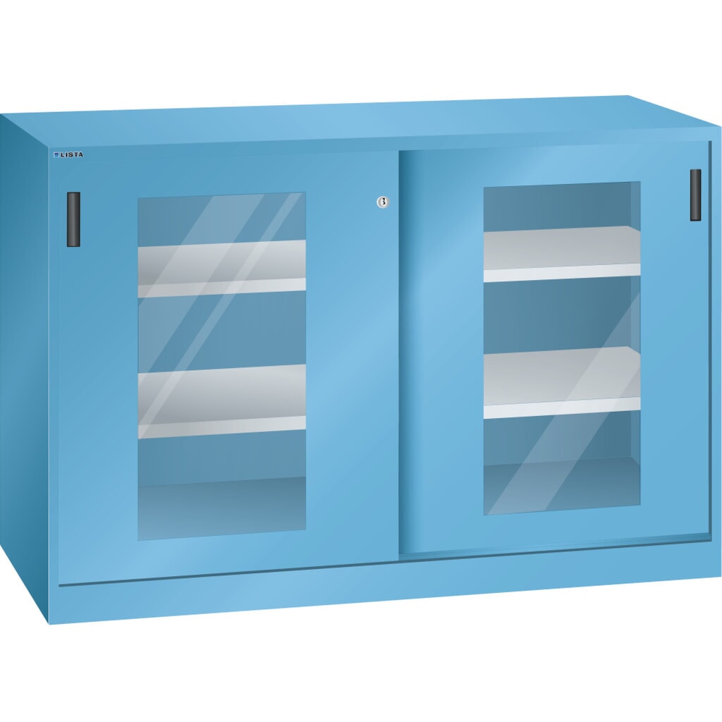 LISTA Beistellschrank mit Schiebetüren, (BxH) 1500x1000mm, 4 Verstellböden, Sichtfenster, Tiefe 400mm, lichtblau Produktabbildung: LISTA Beistellschrank mit Schiebetüren, (BxH) 1500x1000mm, 4 Verstellböden, Sichtfenster, Tiefe 400mm, lichtblau