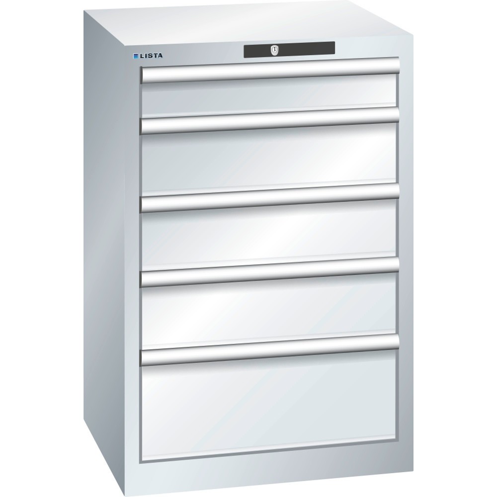 Immagine del prodotto: LISTA Cassettiera 27x27E, (LxPxH) 564x572x850mm, 5 cassetti, 1 x 100 / 3 x 150 / 1 x 200, grigio chiaro, KEY Lock