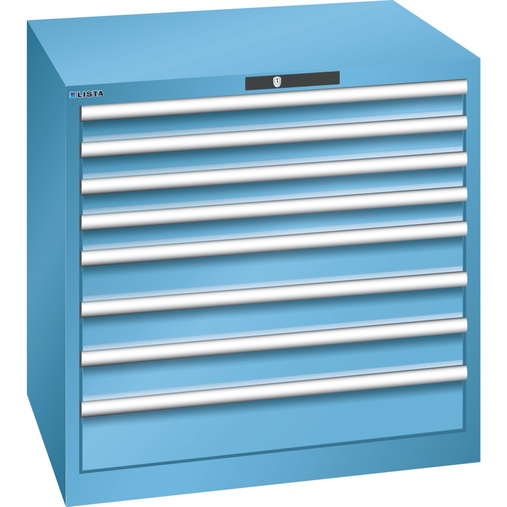 Immagine del prodotto: LISTA Cassettiera 45x36E, (LxPxH) 870x725x850mm, 8 cassetti, 4 x 75 / 3 x 100 / 1 x 150, celeste, KEY Lock
