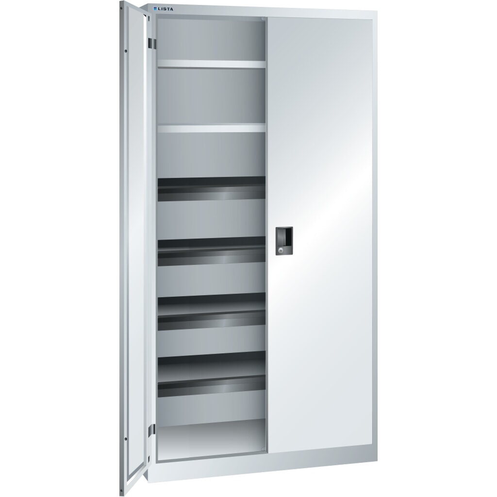 Produktabbildung: LISTA Flügeltürschrank, (BxTxH) 1000x580x1950mm, 4 Auszug-, 2 Verstellböden, lichtgrau, KEY Lock