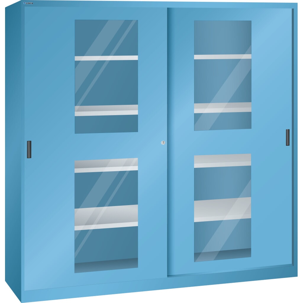 Produktabbildung: LISTA Schiebetürschrank, (BxTxH) 2000x400x1950mm, 8 Verstellböden, Sichtfenster, Tiefe 400mm, lichtblau