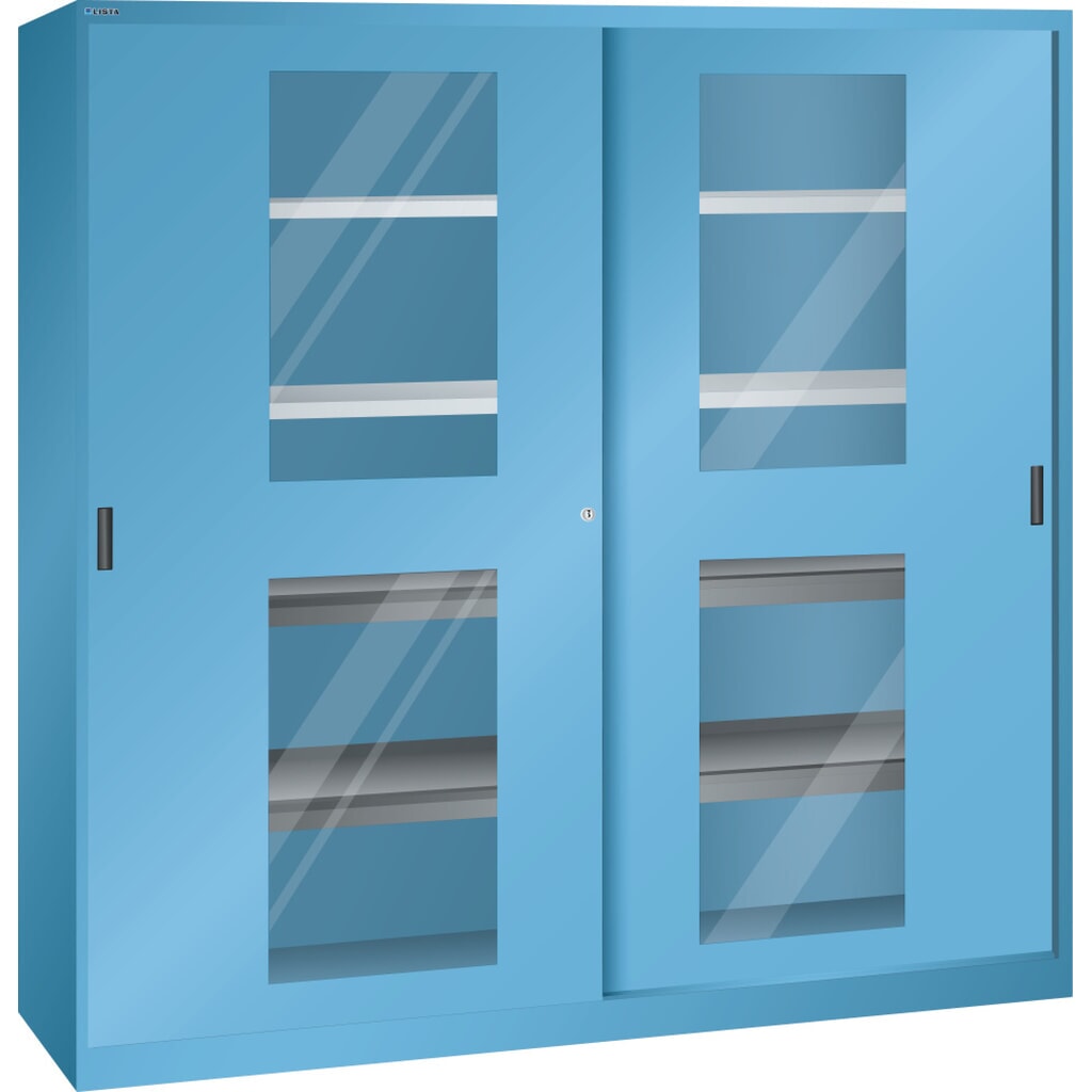 Produktabbildung: LISTA Schiebetürschrank, (BxTxH) 2000x580x1950mm, 4 Auszug-, 4 Verstellböden, Sichtfenster, lichtblau