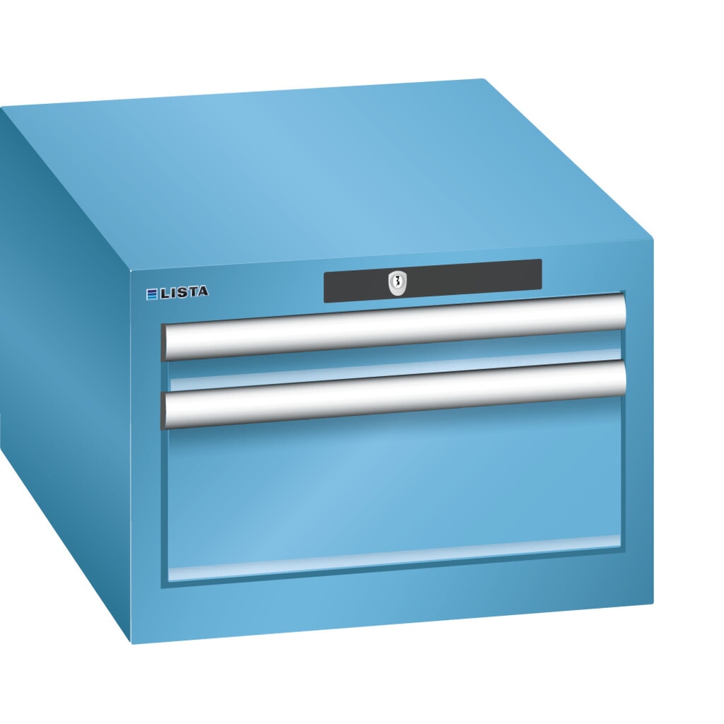 LISTA Schubladenschrank 18x27E, (BxTxH) 411x572x283mm, 2 Schubladen, 1 x 50 / 1 x 150, lichtblau, KEY Lock Produktabbildung: LISTA Schubladenschrank 18x27E, (BxTxH) 411x572x283mm, 2 Schubladen, 1 x 50 / 1 x 150, lichtblau, KEY Lock