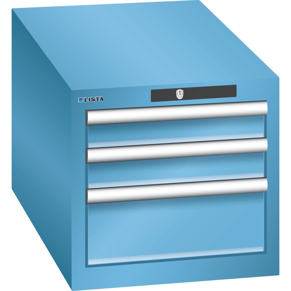 Produktabbildung: LISTA Schubladenschrank 18x36E, (BxTxH) 411x725x383mm, 3 Schubladen, 2 x 75 / 1 x 150, lichtblau, KEY Lock