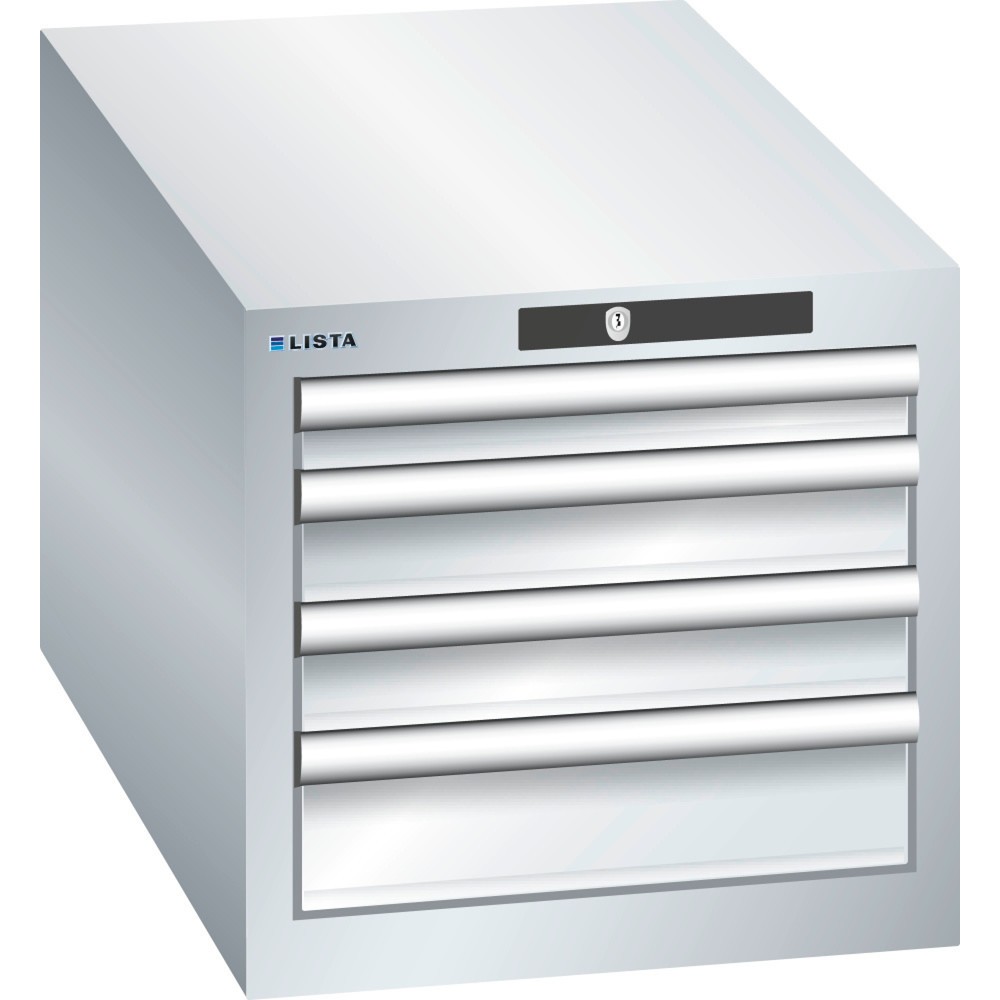Produktabbildung: LISTA Schubladenschrank 18x36E, (BxTxH) 411x725x383mm, 4 Schubladen, 1 x 50 / 2 x 75 / 1 x 100, lichtgrau, KEY Lock