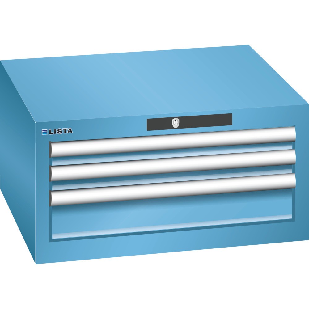 Produktabbildung: LISTA Schubladenschrank 27x27E, (BxTxH) 564x572x283mm, 3 Schubladen, 2 x 50 / 1 x 100, lichtblau, CODE Lock
