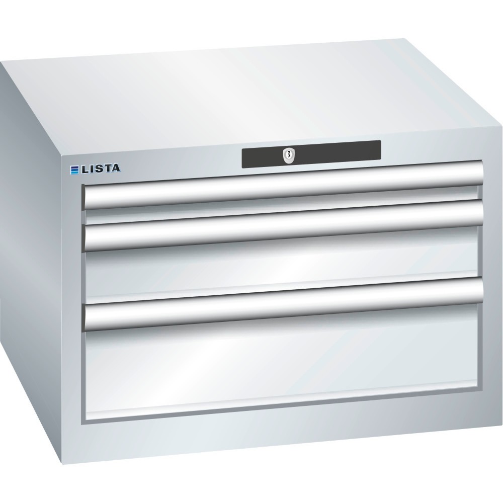 Produktabbildung: LISTA Schubladenschrank 27x27E, (BxTxH) 564x572x383mm, 3 Schubladen, 1 x 50 / 1 x 100 / 1 x 150, lichtgrau, KEY Lock