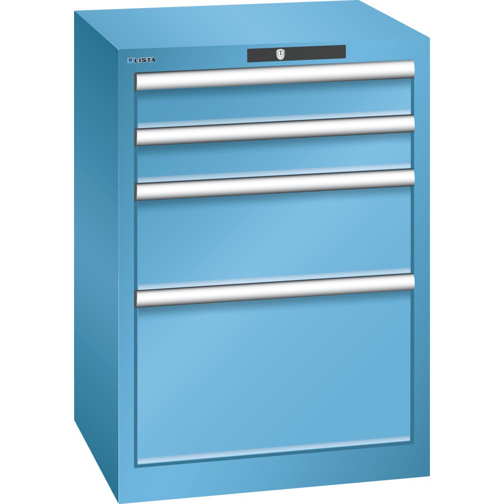 Produktabbildung: LISTA Schubladenschrank 27x27E, (BxTxH) 564x572x800mm, 4 Schubladen, 2 x 100 / 1 x 200 / 1 x 300, lichtblau, KEY Lock