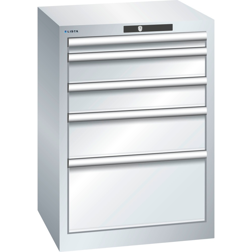 Produktabbildung: LISTA Schubladenschrank 27x27E, (BxTxH) 564x572x800mm, 5 Schubladen, Fronthöhen 50-300mm, lichtgrau, KEY Lock