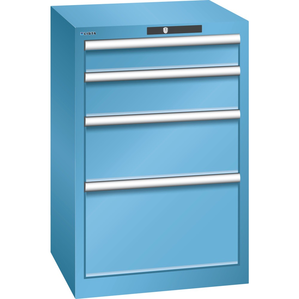 Produktabbildung: LISTA Schubladenschrank 27x27E, (BxTxH) 564x572x850mm, 4 Schubladen, Fronthöhen 100-300mm, lichtblau, KEY Lock