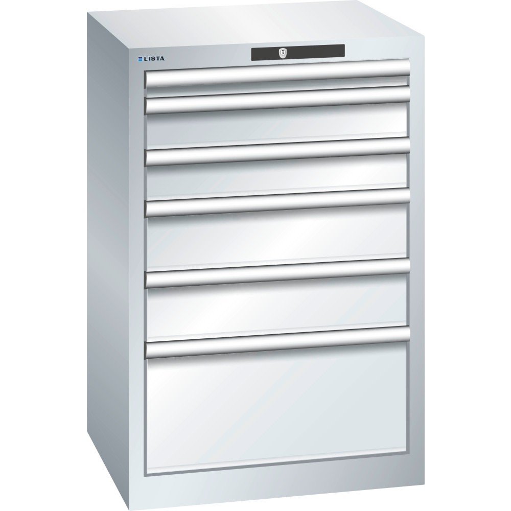 Produktabbildung: LISTA Schubladenschrank 27x27E, (BxTxH) 564x572x850mm, 6 Schubladen, Fronthöhen 50-200mm, lichtgrau, RFID Lock