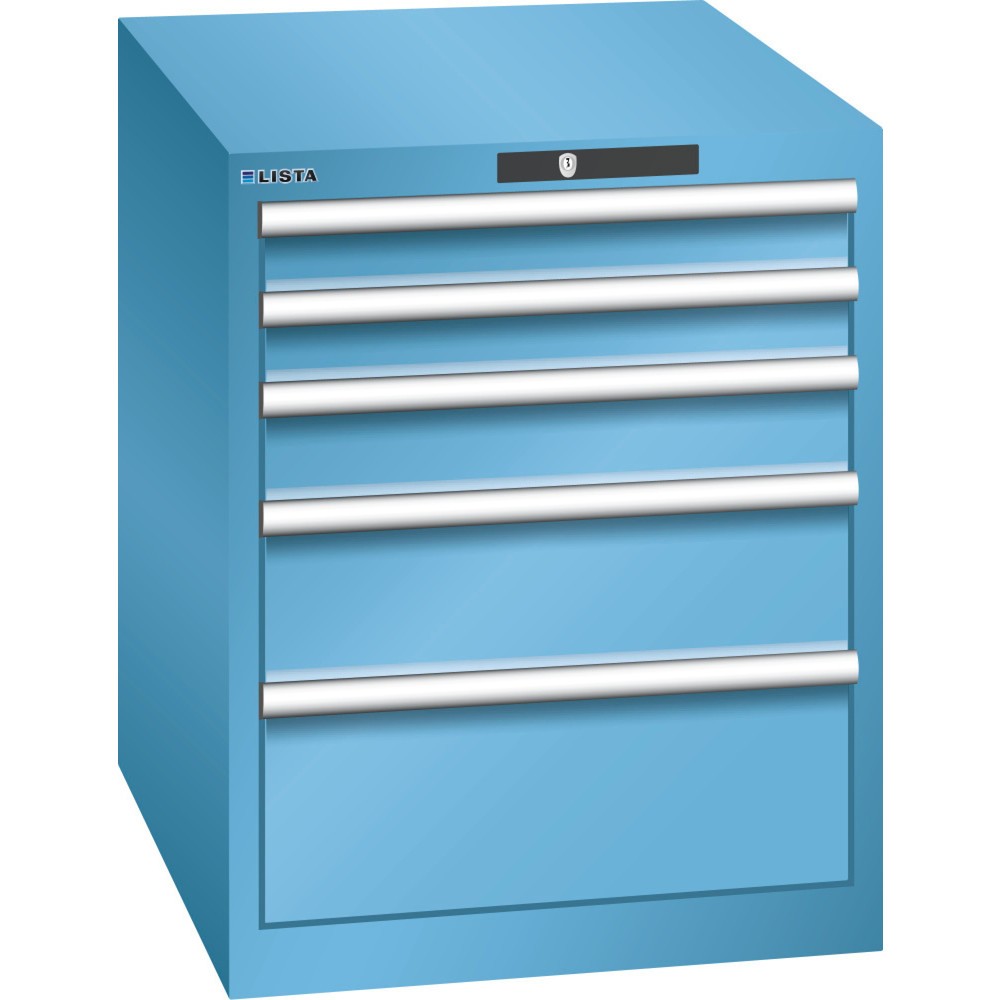 Produktabbildung: LISTA Schubladenschrank 27x36E, (BxTxH) 564x725x700mm, 5 Schubladen, Fronthöhen 75-200mm, lichtblau, CODE Lock