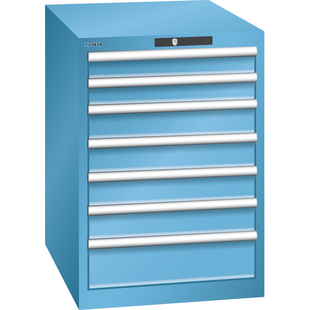 LISTA Schubladenschrank 27x36E, (BxTxH) 564x725x800mm, 7 Schubladen, 2 x 75 / 4 x 100 / 1 x 150, lichtblau, KEY Lock Produktabbildung: LISTA Schubladenschrank 27x36E, (BxTxH) 564x725x800mm, 7 Schubladen, 2 x 75 / 4 x 100 / 1 x 150, lichtblau, KEY Lock