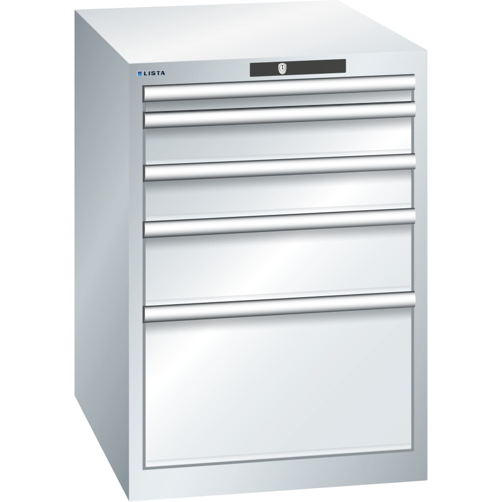LISTA Schubladenschrank 27x36E, (BxTxH) 564x725x800mm, 5 Schubladen, Fronthöhen 50-300mm, lichtgrau, KEY Lock Produktabbildung: LISTA Schubladenschrank 27x36E, (BxTxH) 564x725x800mm, 5 Schubladen, Fronthöhen 50-300mm, lichtgrau, KEY Lock
