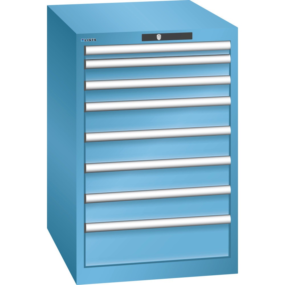 Produktabbildung: LISTA Schubladenschrank 27x36E, (BxTxH) 564x725x850mm, 8 Schubladen, Fronthöhen 50-150mm, lichtblau, RFID Lock