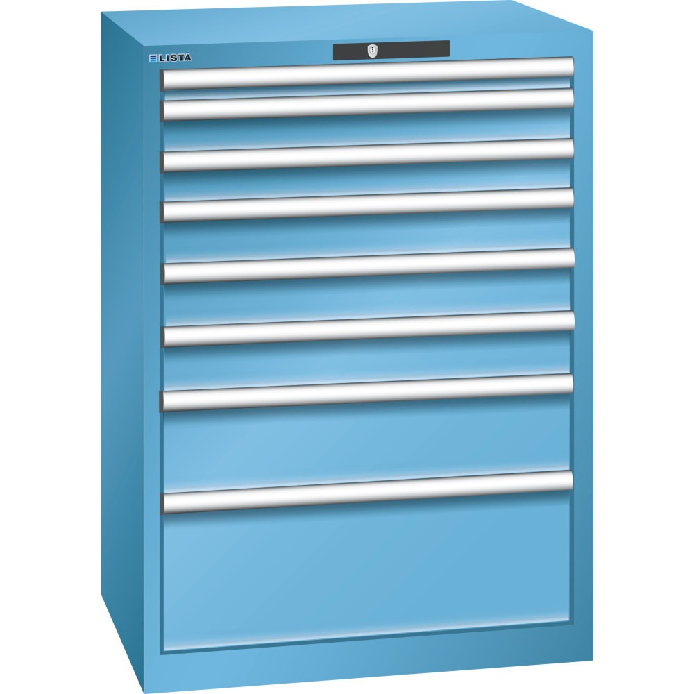 Produktabbildung: LISTA Schubladenschrank 36x27E, (BxTxH) 717x572x1000mm, 8 Schubladen, Fronthöhen 50-250mm, lichtblau, RFID Lock