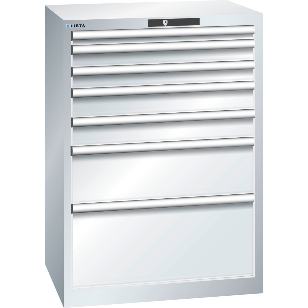 Produktabbildung: LISTA Schubladenschrank 36x27E, (BxTxH) 717x572x1000mm, 7 Schubladen, Fronthöhen 50-300mm, lichtgrau, KEY Lock