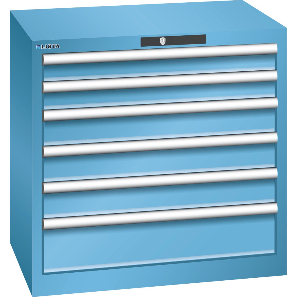 Produktabbildung: LISTA Schubladenschrank 36x27E, (BxTxH) 717x572x700mm, 6 Schubladen, 2 x 75 / 3 x 100 / 1 x 150, lichtblau, CODE Lock