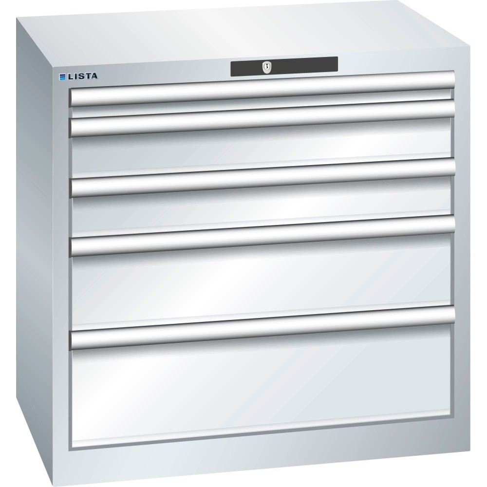 Produktabbildung: LISTA Schubladenschrank 36x27E, (BxTxH) 717x572x700mm, 5 Schubladen, Fronthöhen 50-200mm, lichtgrau, KEY Lock