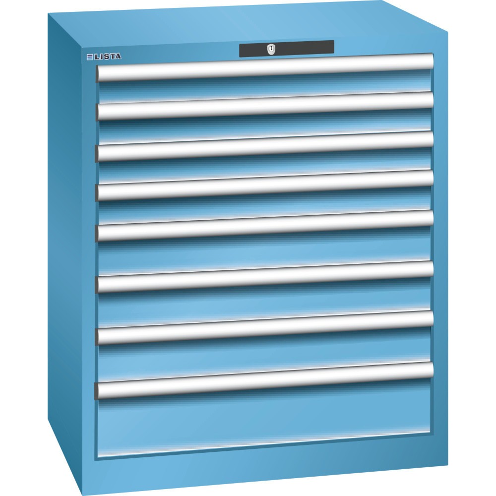 Produktabbildung: LISTA Schubladenschrank 36x27E, (BxTxH) 717x572x850mm, 8 Schubladen, 4 x 75 / 3 x 100 / 1 x 150, lichtblau, KEY Lock