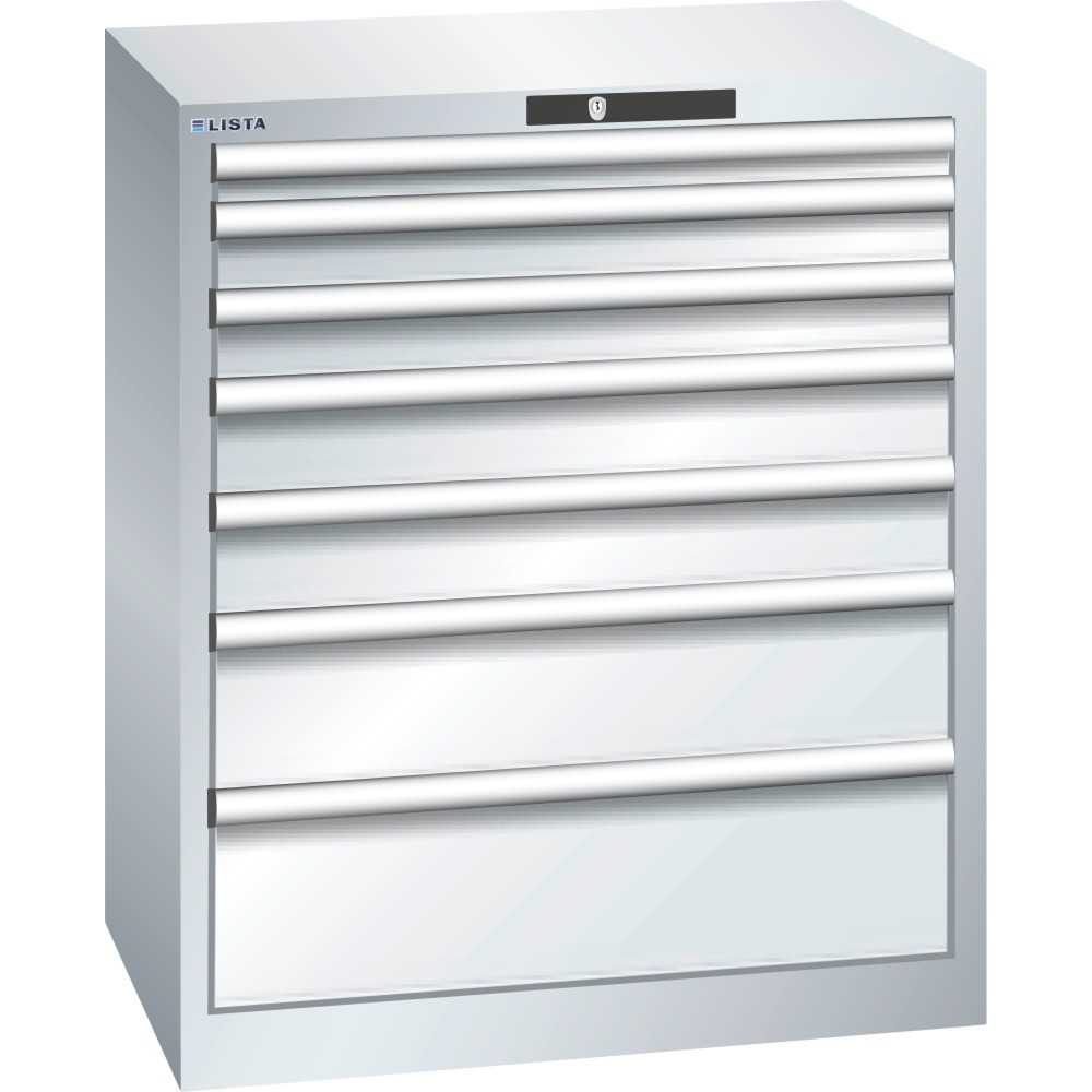 Produktabbildung: LISTA Schubladenschrank 36x27E, (BxTxH) 717x572x850mm, 7 Schubladen, Fronthöhen 50-200mm, lichtgrau, KEY Lock