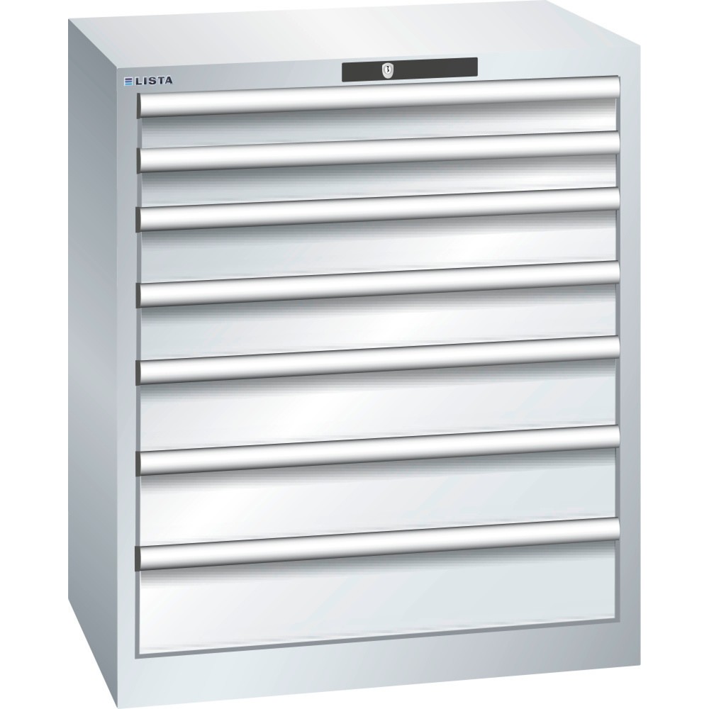 Produktabbildung: LISTA Schubladenschrank 36x27E, (BxTxH) 717x572x850mm, 7 Schubladen, Fronthöhen 75-150mm, lichtgrau, RFID Lock