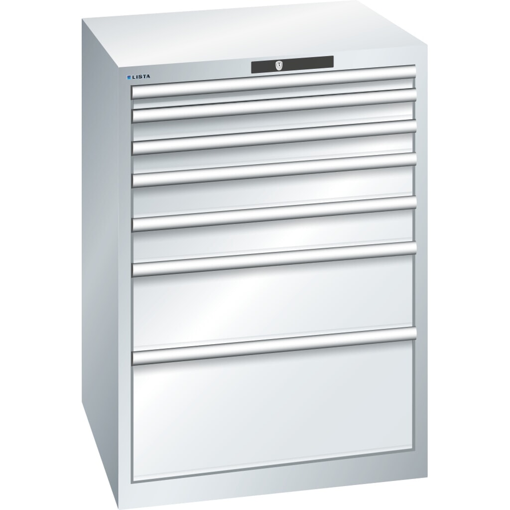 LISTA Schubladenschrank 36x36E, (BxTxH) 717x725x1000mm, 7 Schubladen, Fronthöhen 50-300mm, lichtgrau, KEY Lock Produktabbildung: LISTA Schubladenschrank 36x36E, (BxTxH) 717x725x1000mm, 7 Schubladen, Fronthöhen 50-300mm, lichtgrau, KEY Lock