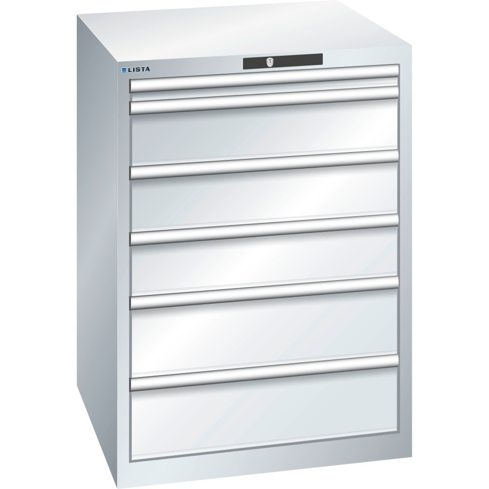Produktabbildung: LISTA Schubladenschrank 36x36E, (BxTxH) 717x725x1000mm, 6 Schubladen, 1 x 50 / 3 x 150 / 2 x 200, lichtgrau, KEY Lock