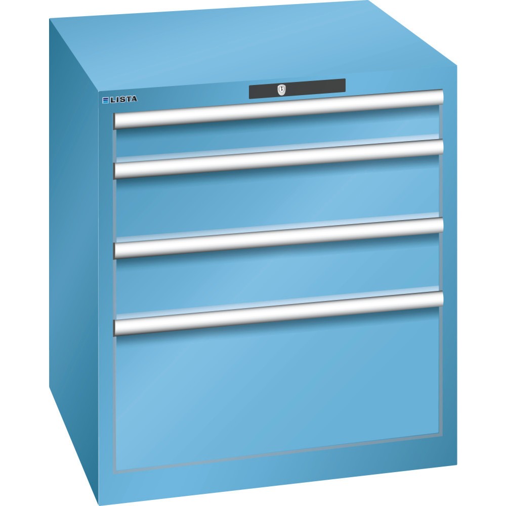 Produktabbildung: LISTA Schubladenschrank 36x36E, (BxTxH) 717x725x800mm, 4 Schubladen, 1 x 100 / 2 x 150 / 1 x 300, lichtblau, CODE Lock