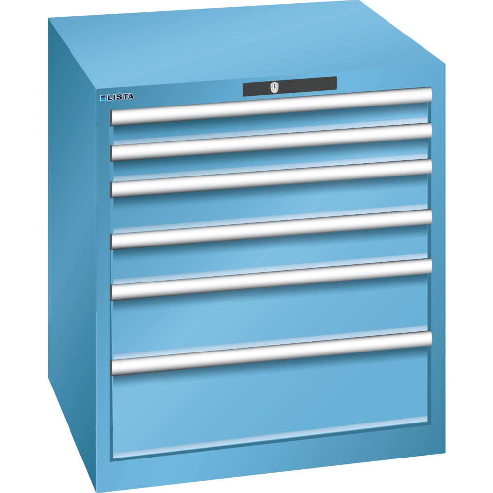 Produktabbildung: LISTA Schubladenschrank 36x36E, (BxTxH) 717x725x800mm, 6 Schubladen, Fronthöhen 75-200mm, lichtblau, KEY Lock